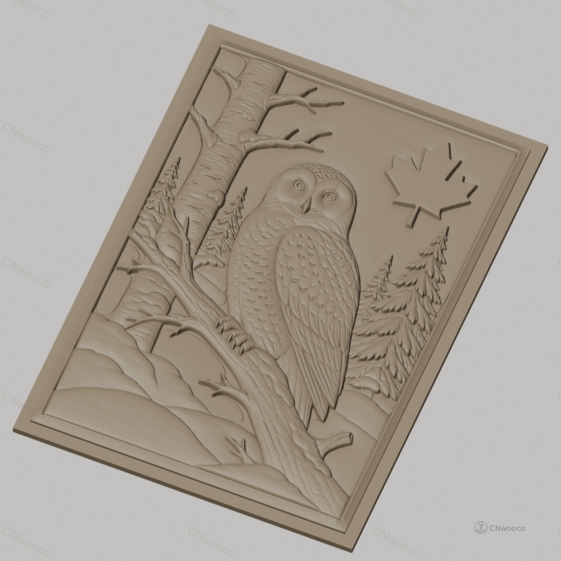 Fichier CNC & impression 3D hibou sur branche en forêt, feuille d'érable, haute qualité relief STL