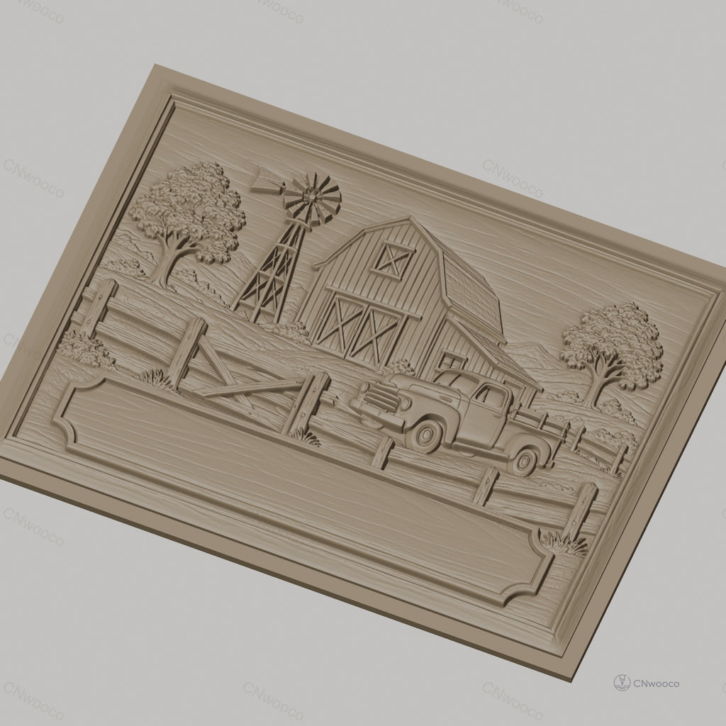 Fichier CNC & impression 3D paysage de ferme avec grange, vieux camion et moulin à vent, haute qualité relief STL