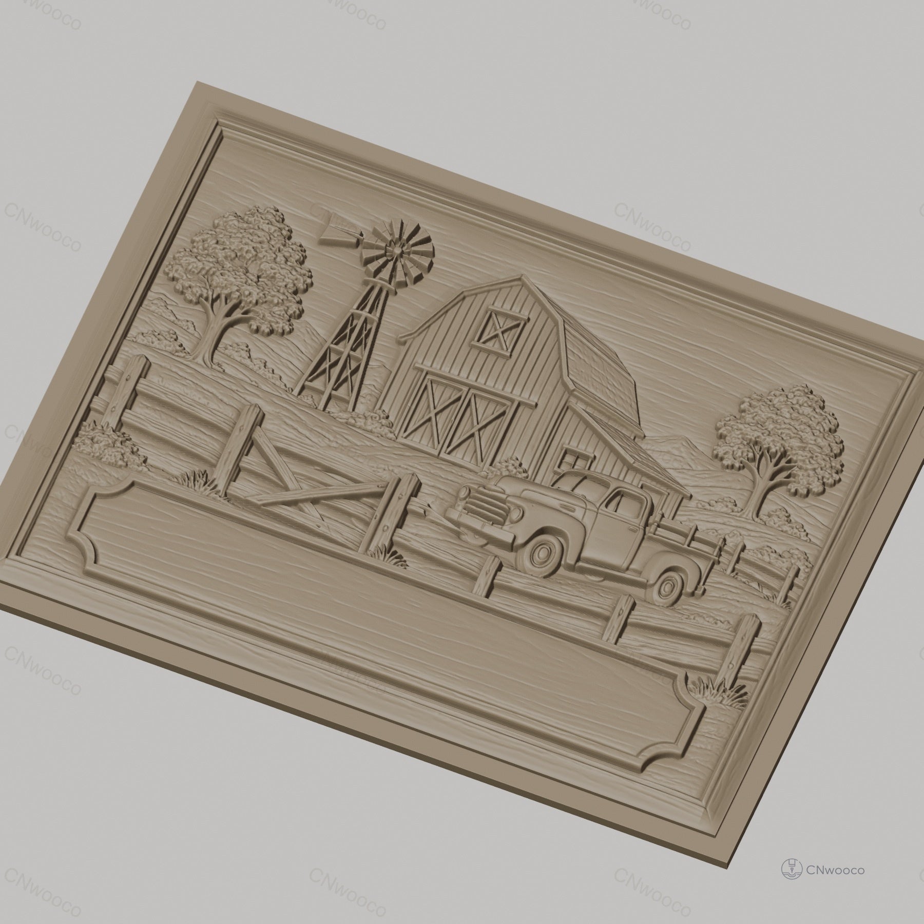 Fichier CNC & impression 3D paysage de ferme avec grange, vieux camion et moulin à vent, haute qualité relief STL