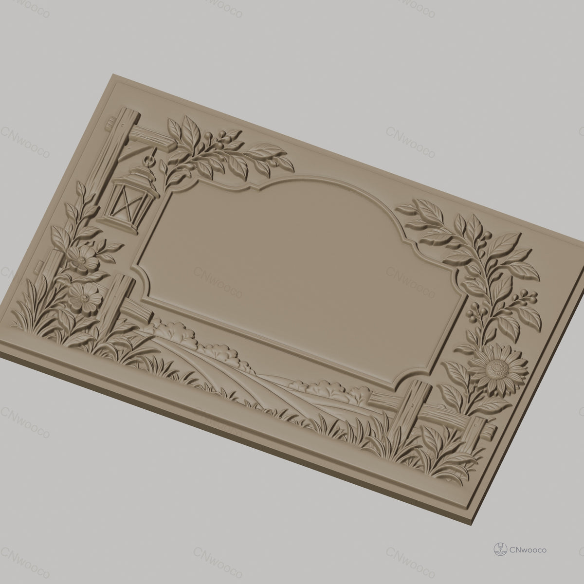 Fichier CNC & impression 3D cadre campagnard avec fleurs, lanterne et paysage, haute qualité relief STL