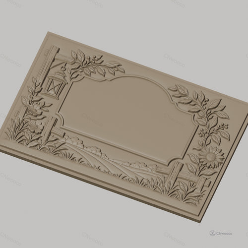 Fichier CNC & impression 3D cadre campagnard avec fleurs, lanterne et paysage, haute qualité relief STL