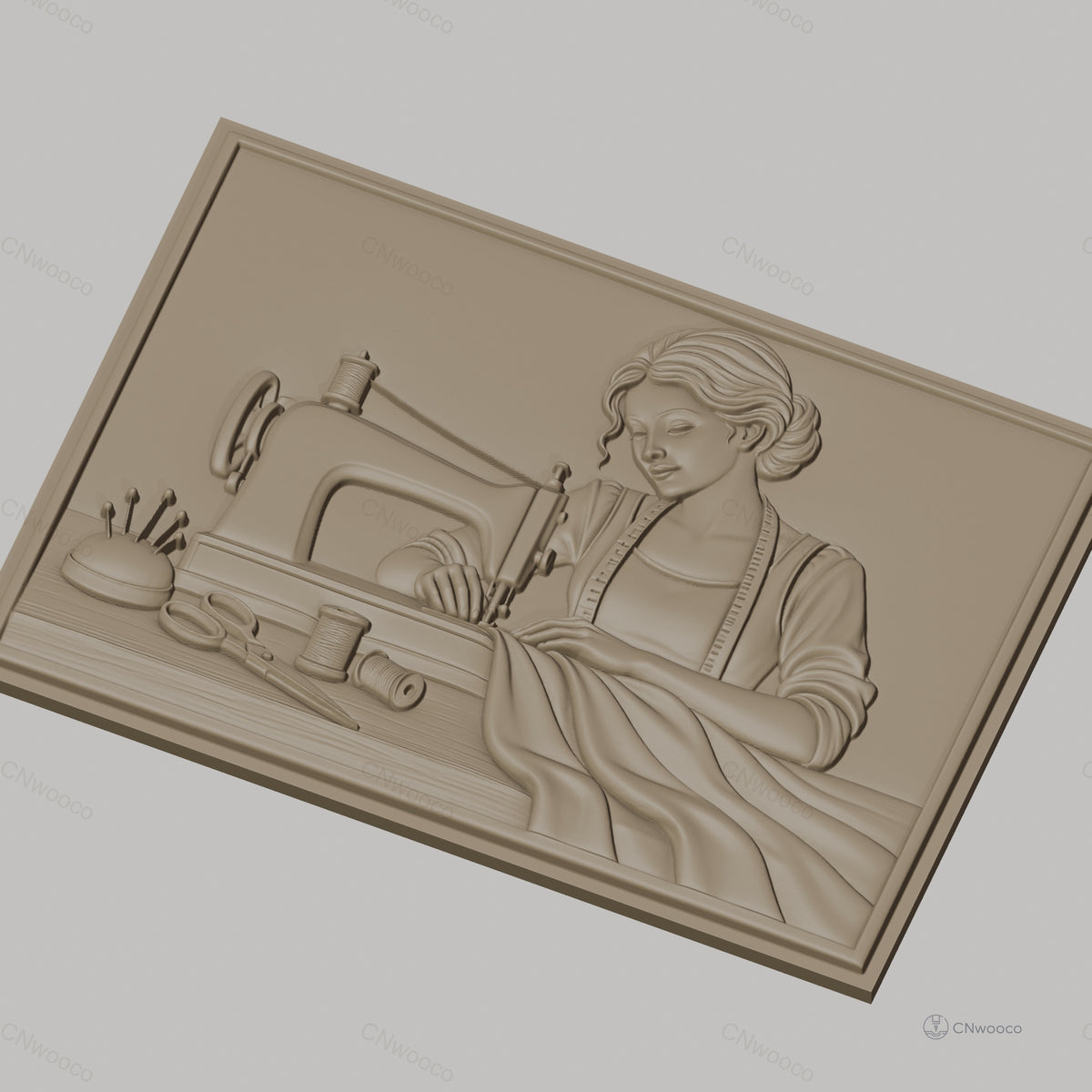 Fichier CNC & impression 3D couturière avec machine à coudre, tissus et accessoires, haute qualité relief STL