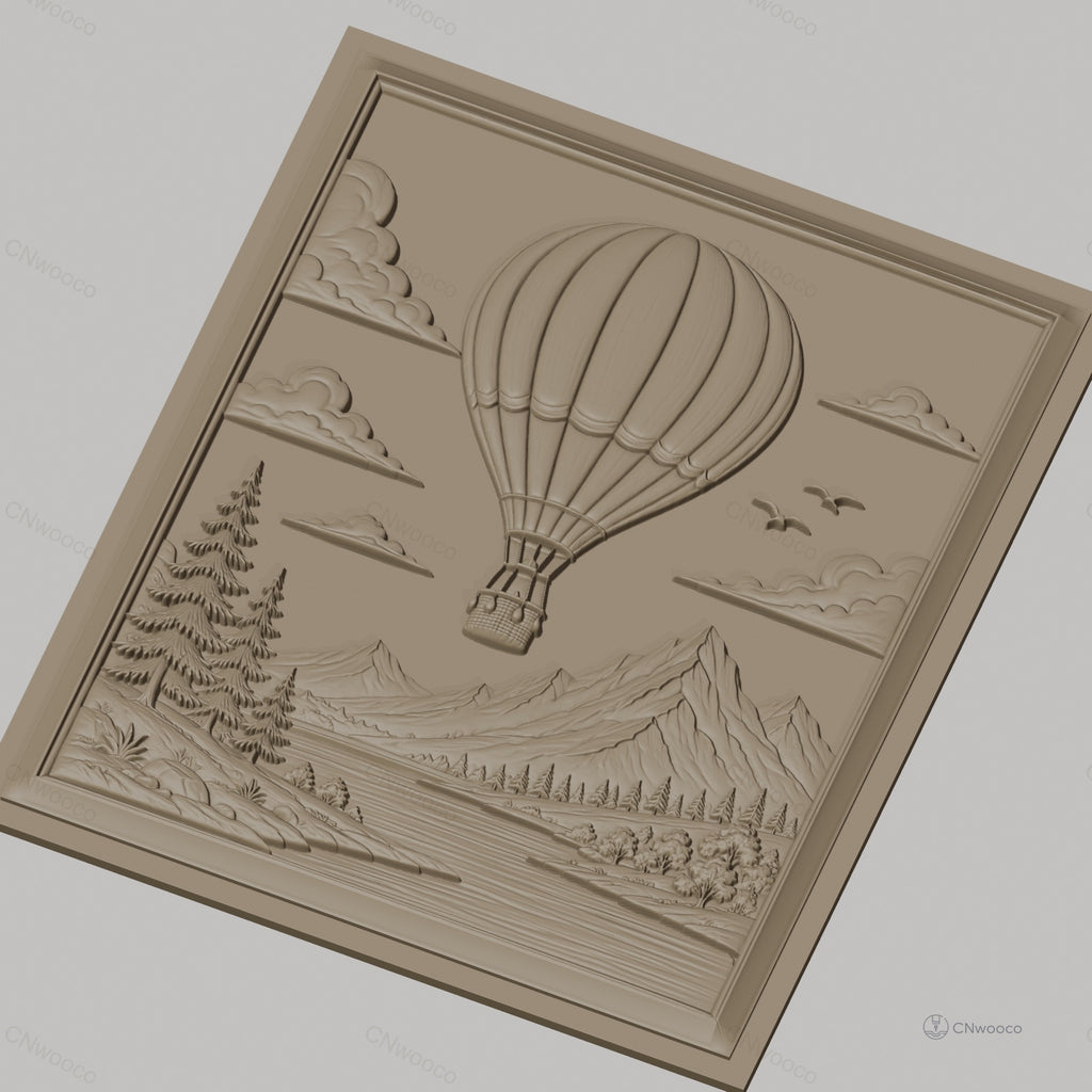 Fichier CNC & impression 3D montgolfière, montagnes, pins, rivière, haute qualité relief STL