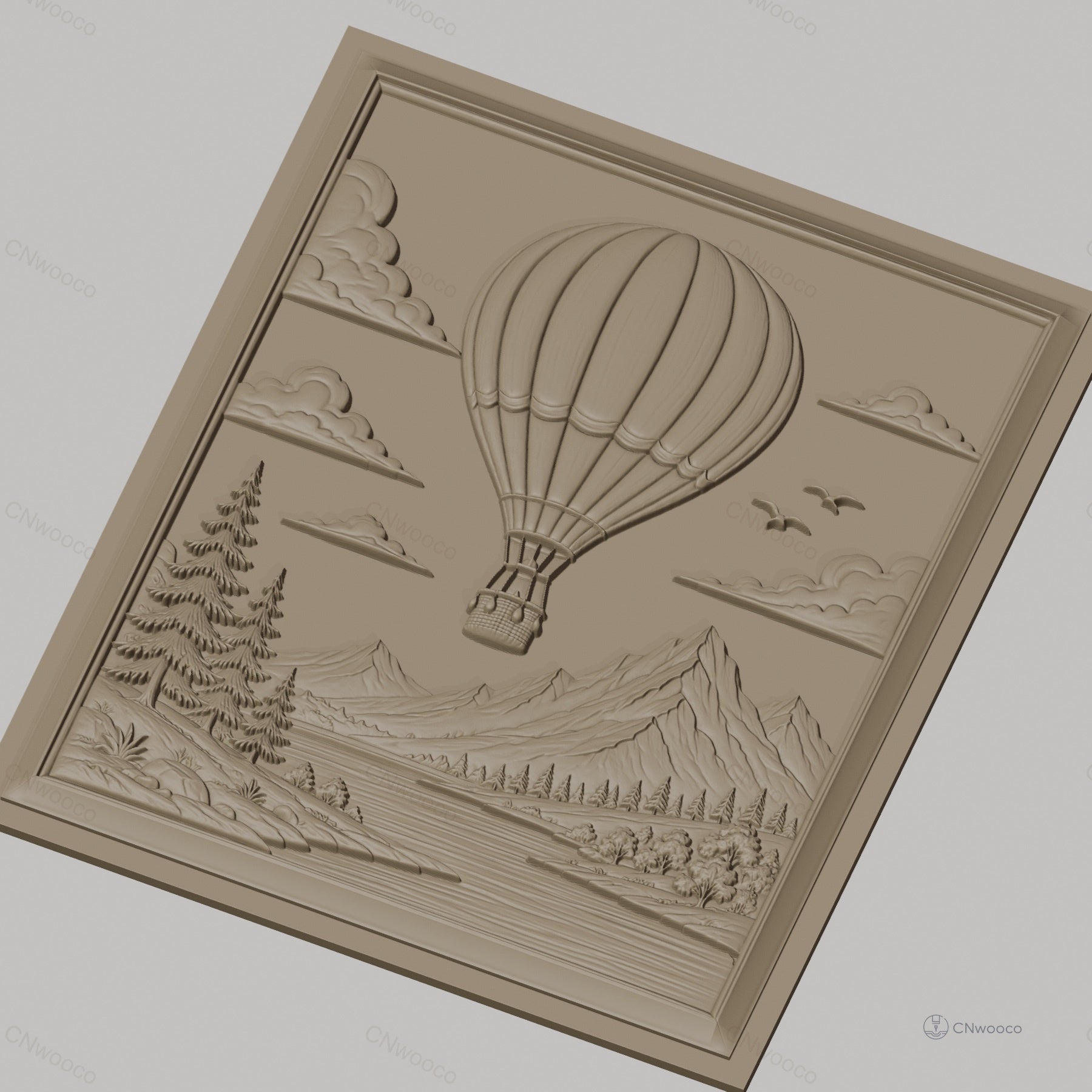 Fichier CNC & impression 3D montgolfière, montagnes, pins, rivière, haute qualité relief STL