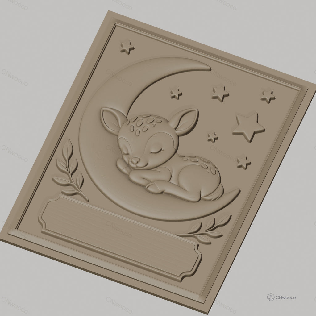 Fichier CNC & impression 3D bébé cerf endormi sur lune avec étoiles, branches décoratives, haute qualité relief STL