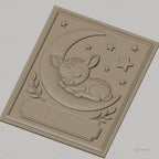 Fichier CNC & impression 3D bébé cerf endormi sur lune avec étoiles, branches décoratives, haute qualité relief STL