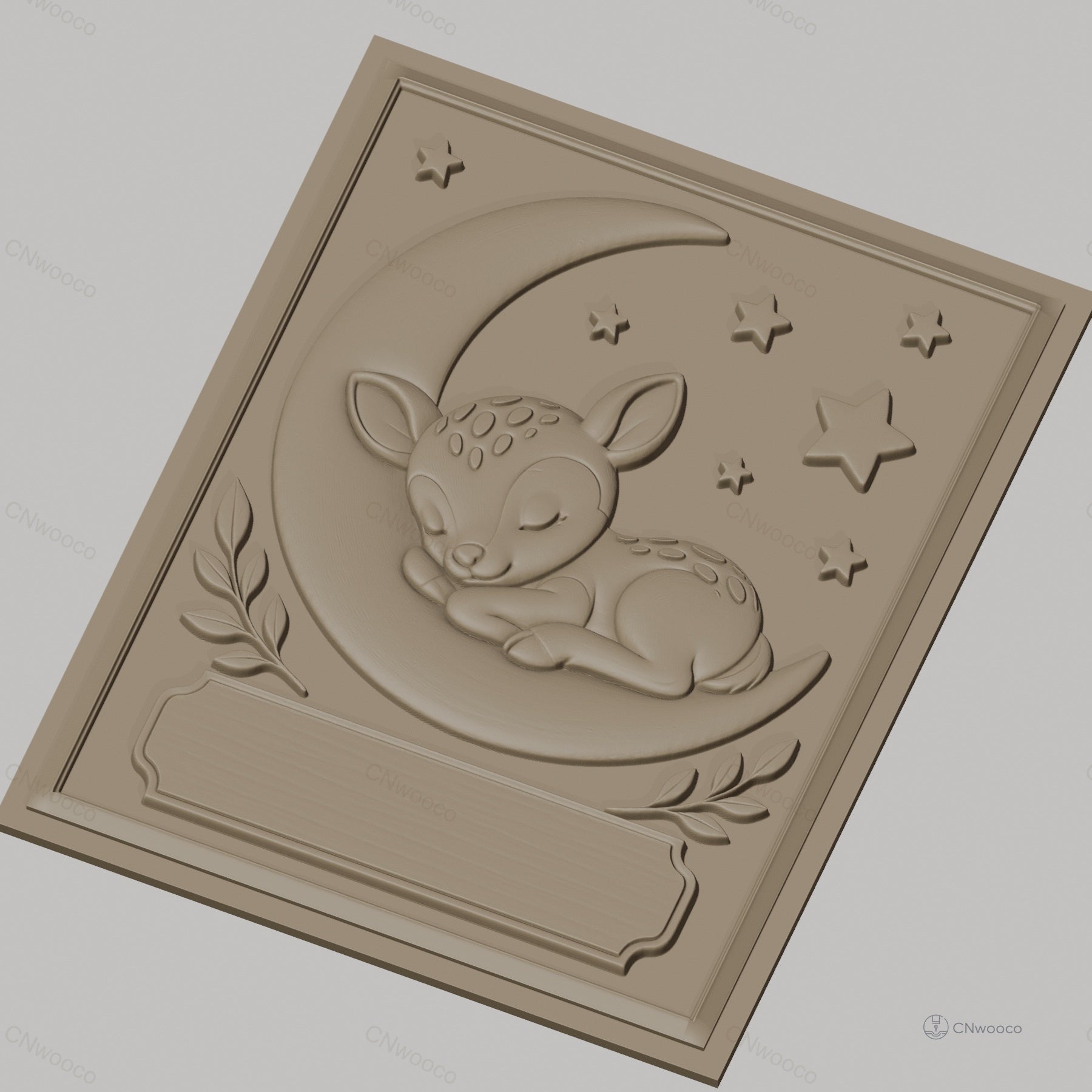Fichier CNC & impression 3D bébé cerf endormi sur lune avec étoiles, branches décoratives, haute qualité relief STL
