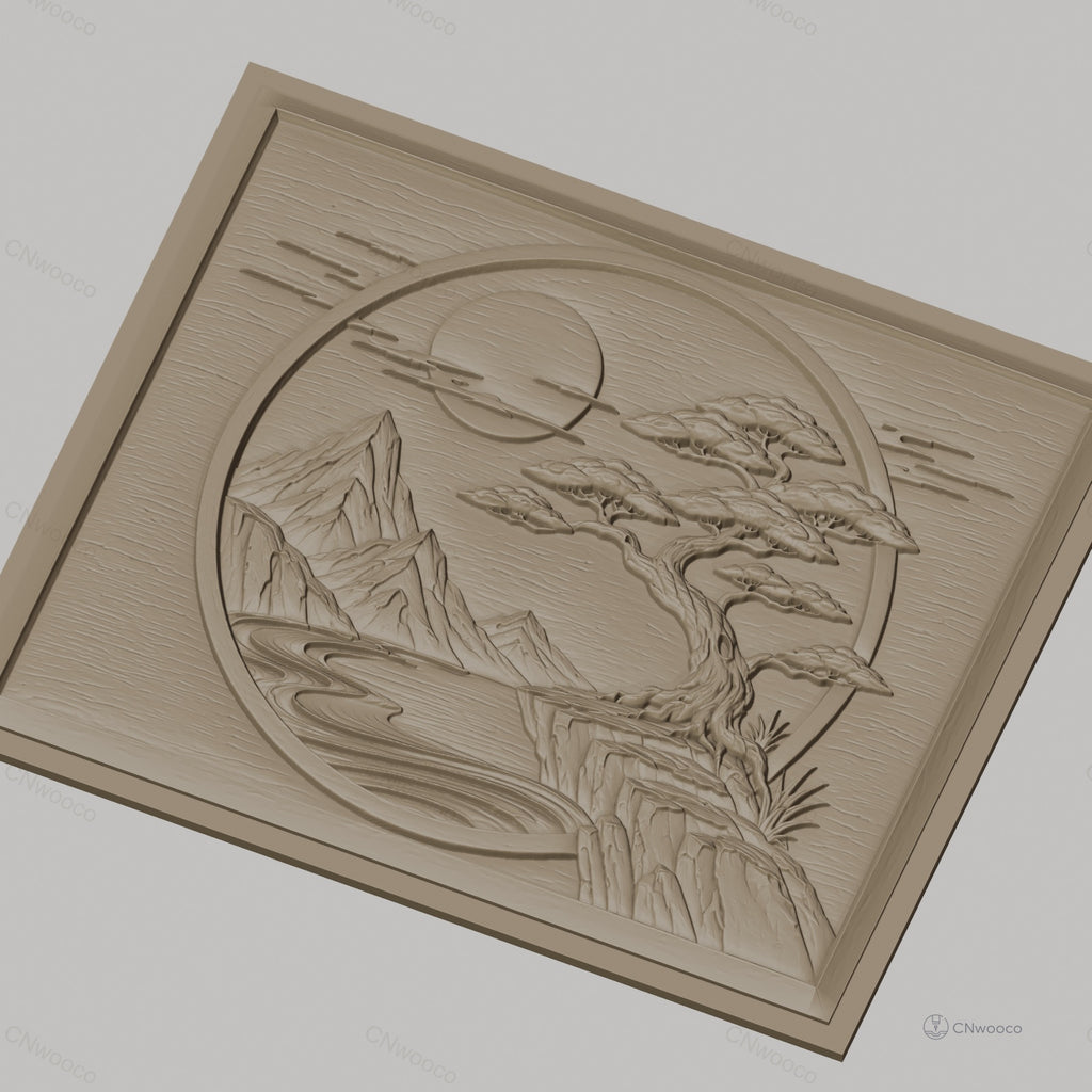 Fichier CNC & impression 3D paysage japonais, montagne, arbre bonsaï, rivière, haute qualité relief STL