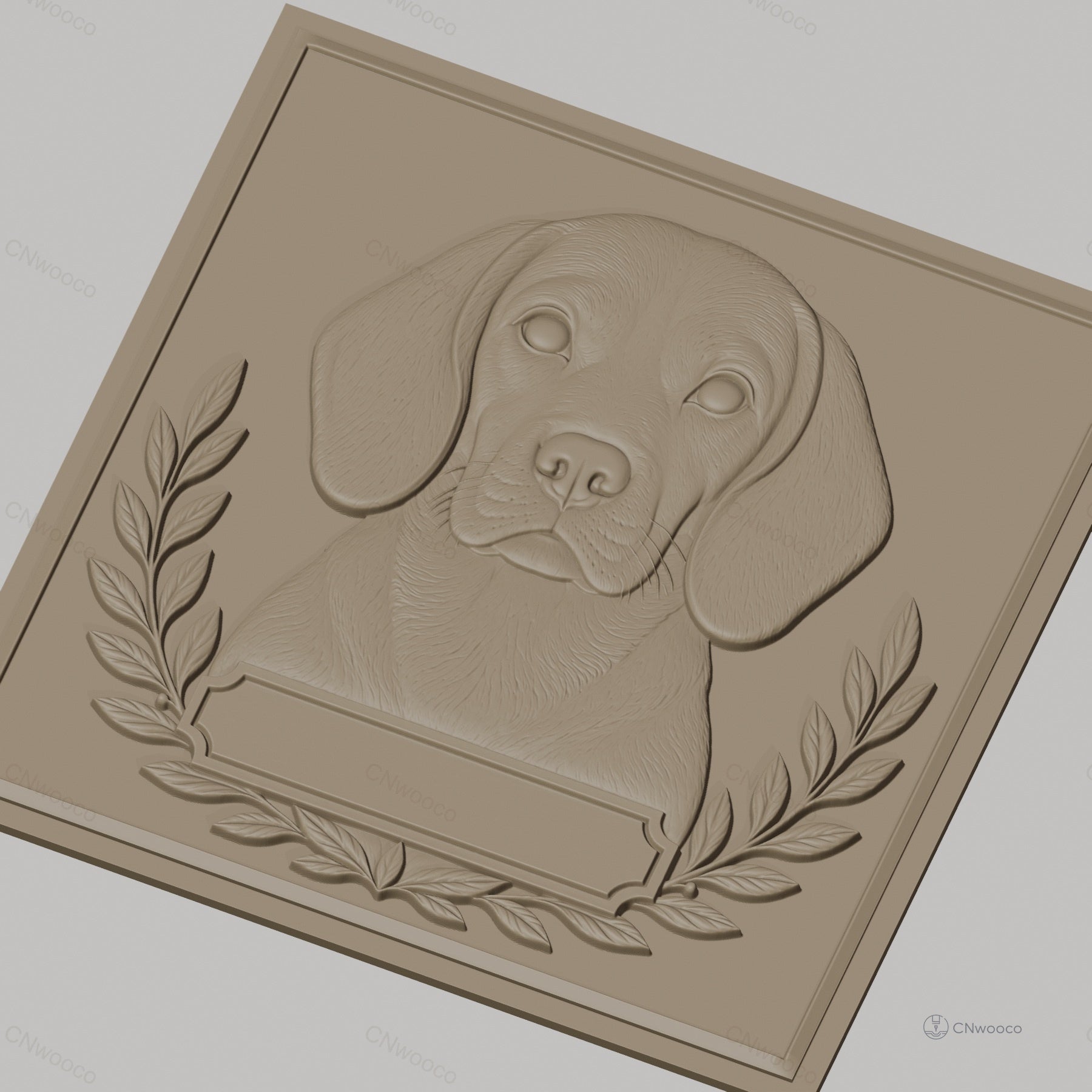 Fichier CNC & impression 3D chien Labrador avec cadre floral et plaque personnalisable, haute qualité relief STL