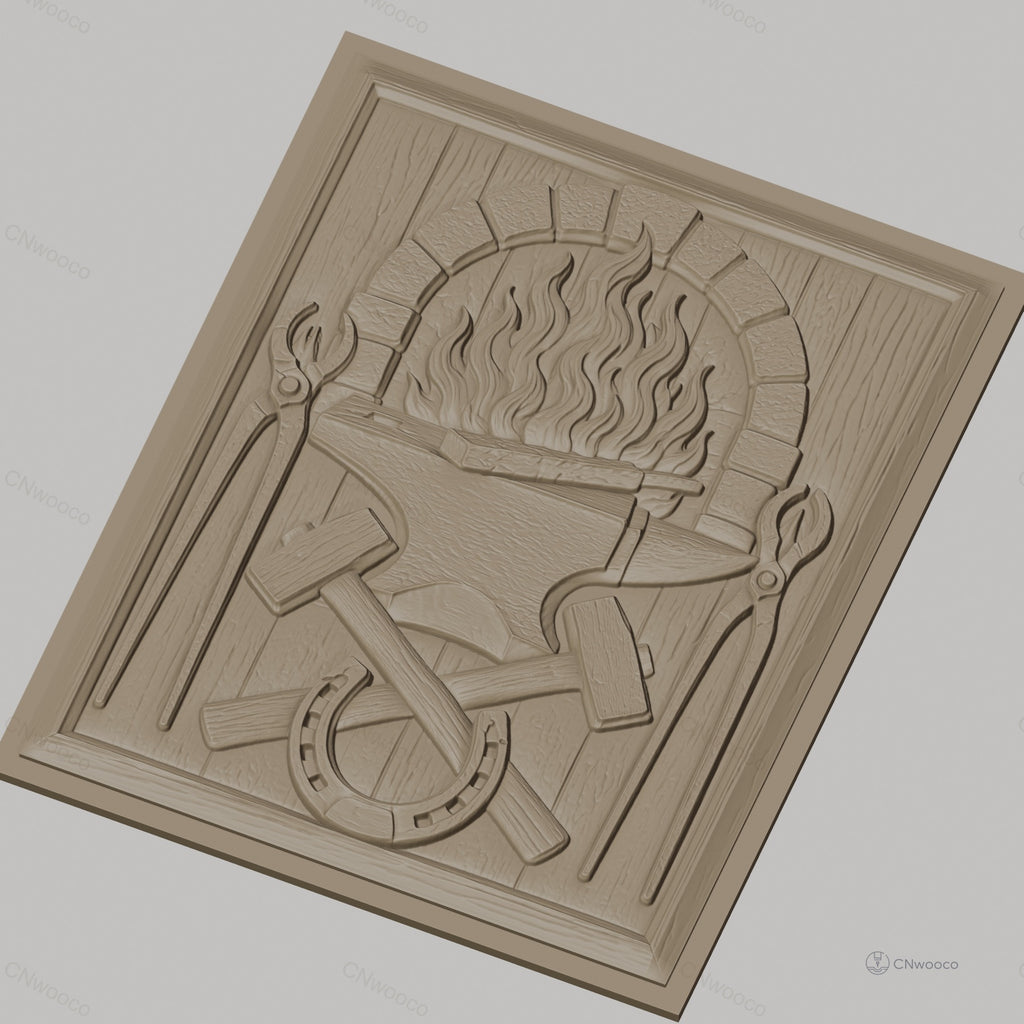 Fichier CNC & impression 3D forgeron, enclume, marteaux croisés, fer à cheval, pinces et feu, haute qualité relief STL