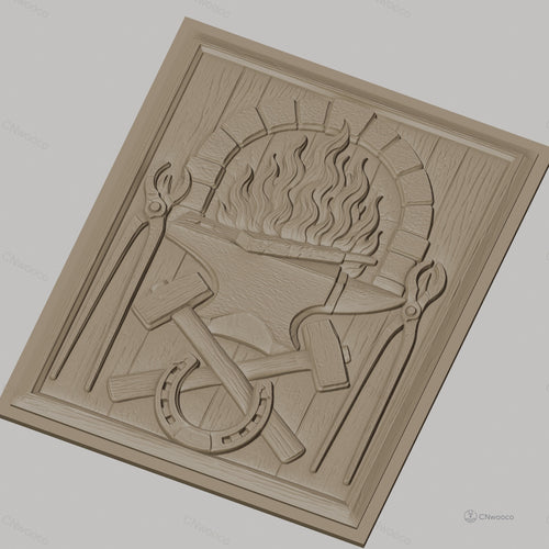 Fichier CNC & impression 3D forgeron, enclume, marteaux croisés, fer à cheval, pinces et feu, haute qualité relief STL