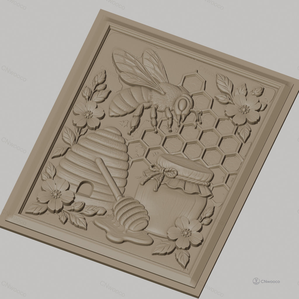 Fichier CNC & impression 3D thème abeille, ruche, pot de miel, fleurs et alvéoles, haute qualité relief STL