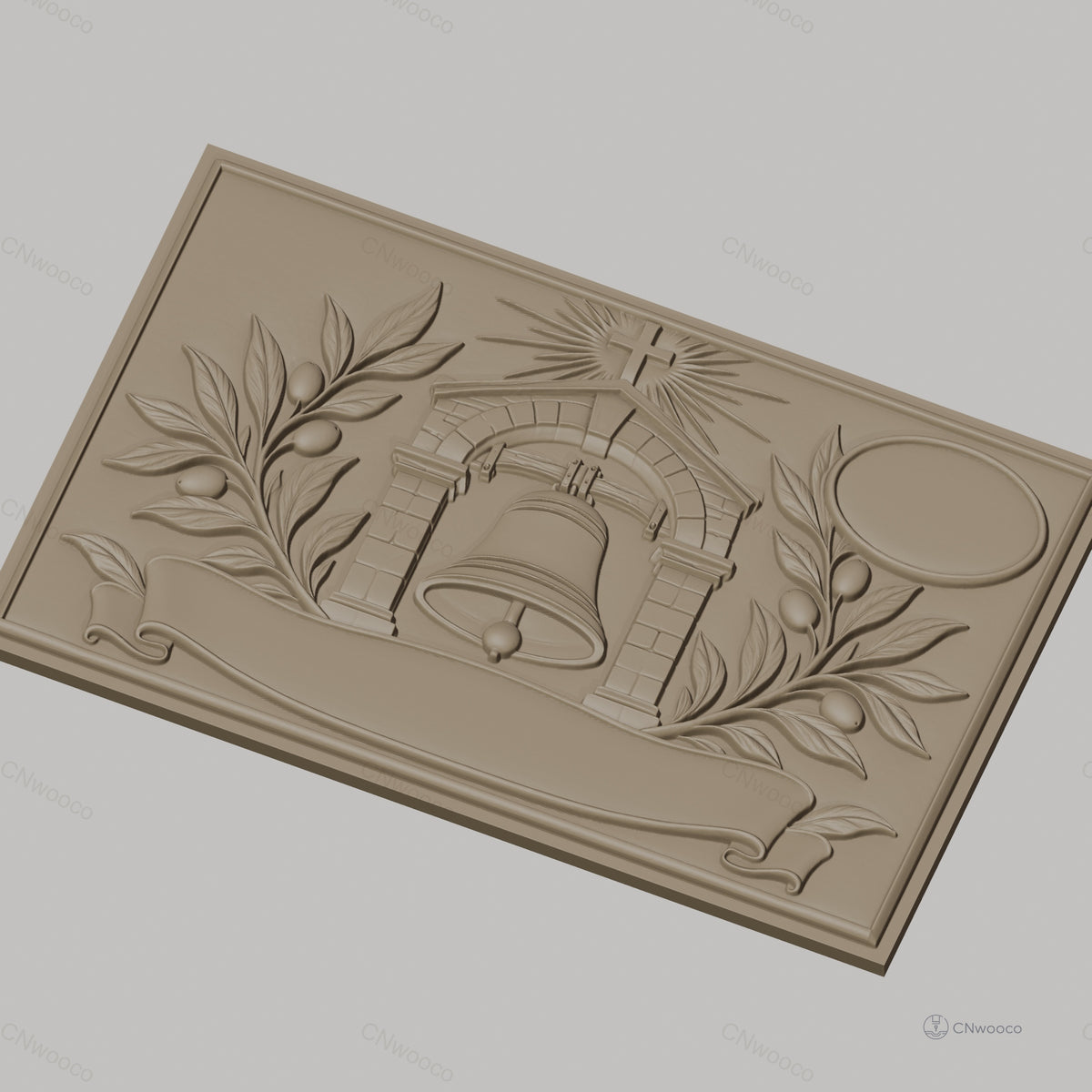Fichier CNC & impression 3D cloche religieuse, branche d'olivier, bannière et croix, haute qualité relief STL