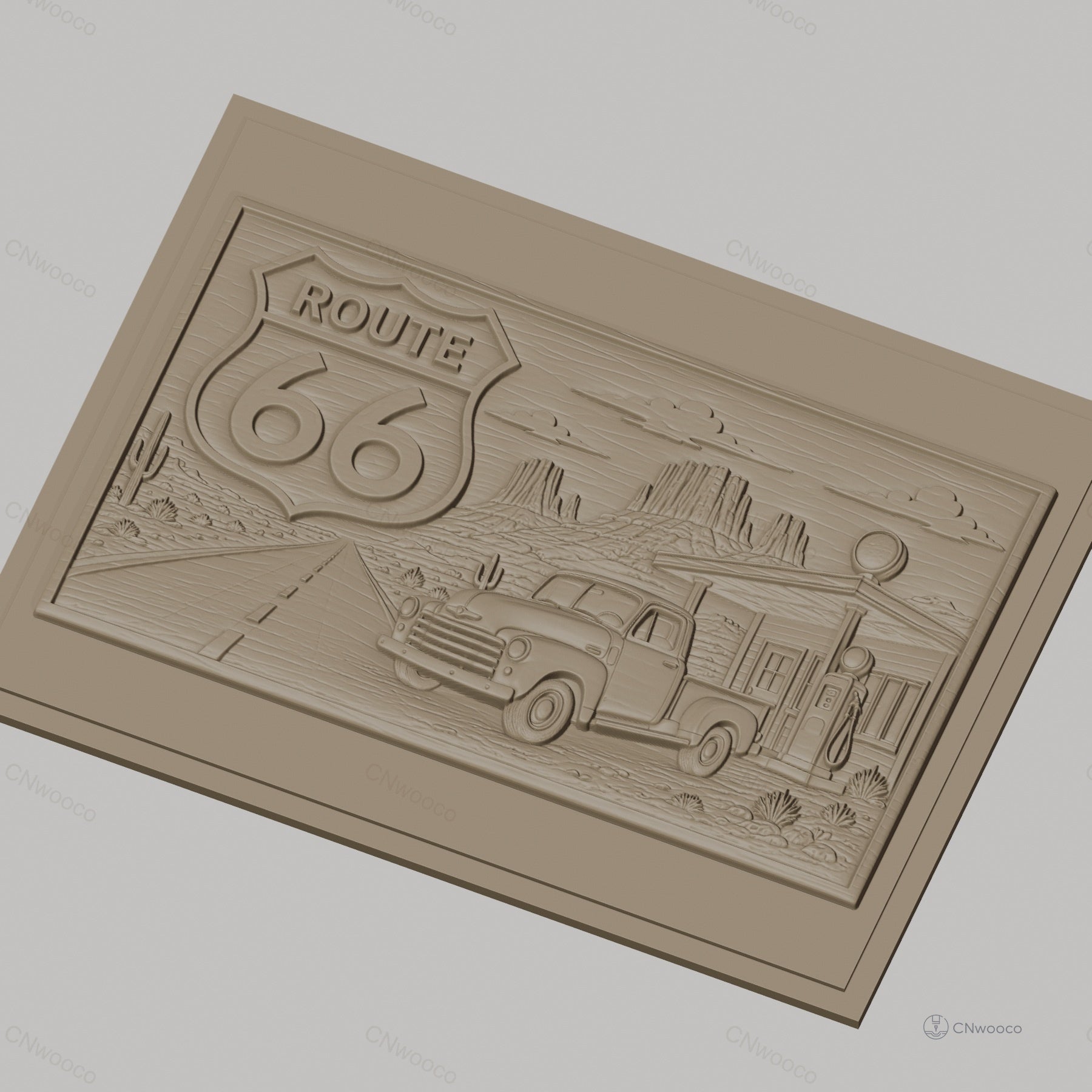Fichier CNC & impression 3D Route 66, pick-up ancien et station-service, haute qualité relief STL