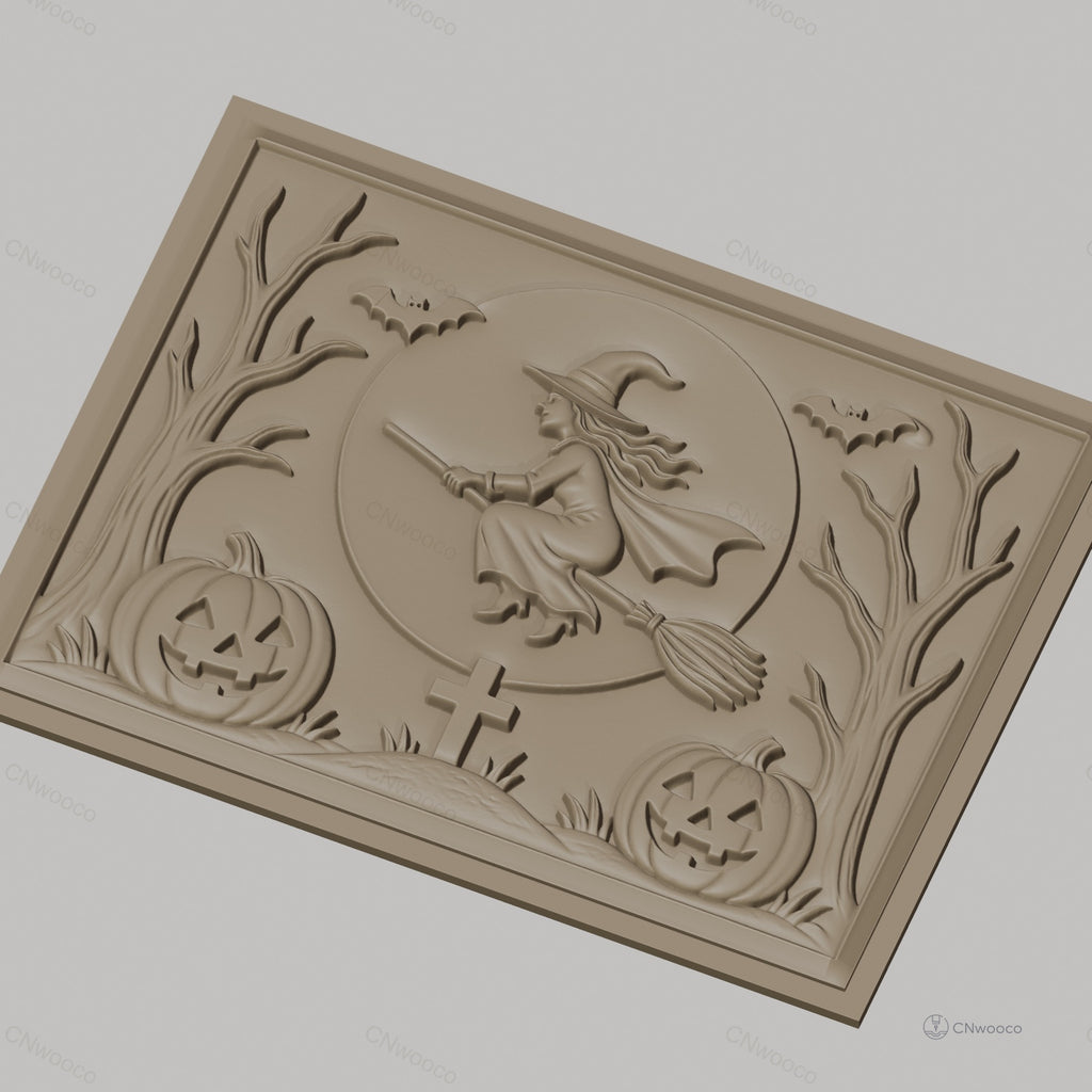 Fichier CNC & impression 3D Halloween, sorcière volante, citrouilles, chauves-souris, tombe, haute qualité relief STL