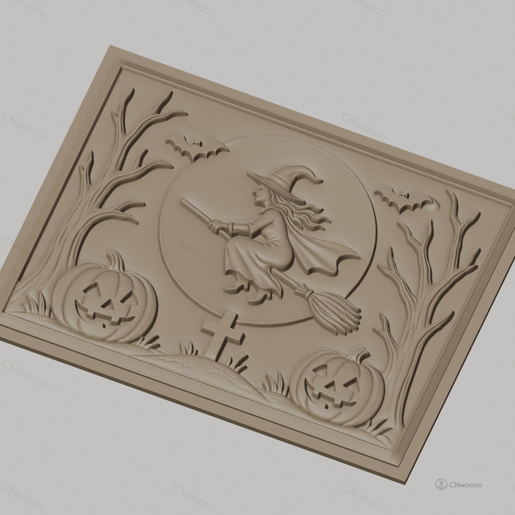 Fichier CNC & impression 3D Halloween, sorcière volante, citrouilles, chauves-souris, tombe, haute qualité relief STL
