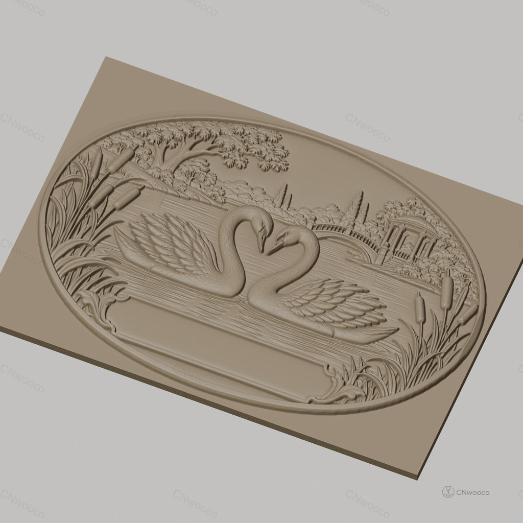 Fichier CNC & impression 3D cygnes sur lac, pont et pavillon, haute qualité relief STL