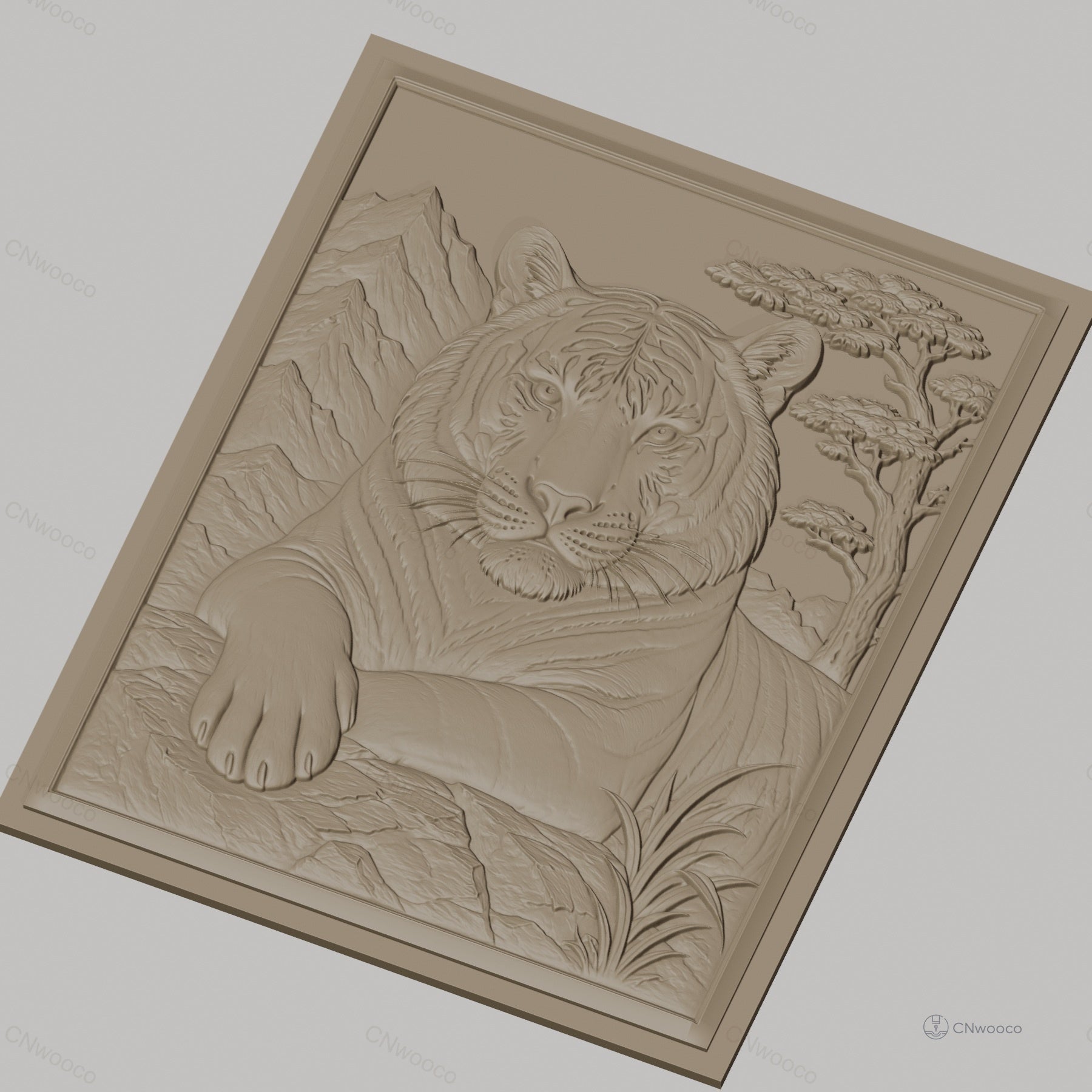 Fichier CNC & impression 3D tigre reposant, relief montagne arbre haute qualité relief STL