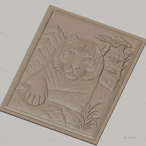 Fichier CNC & impression 3D tigre reposant, relief montagne arbre haute qualité relief STL