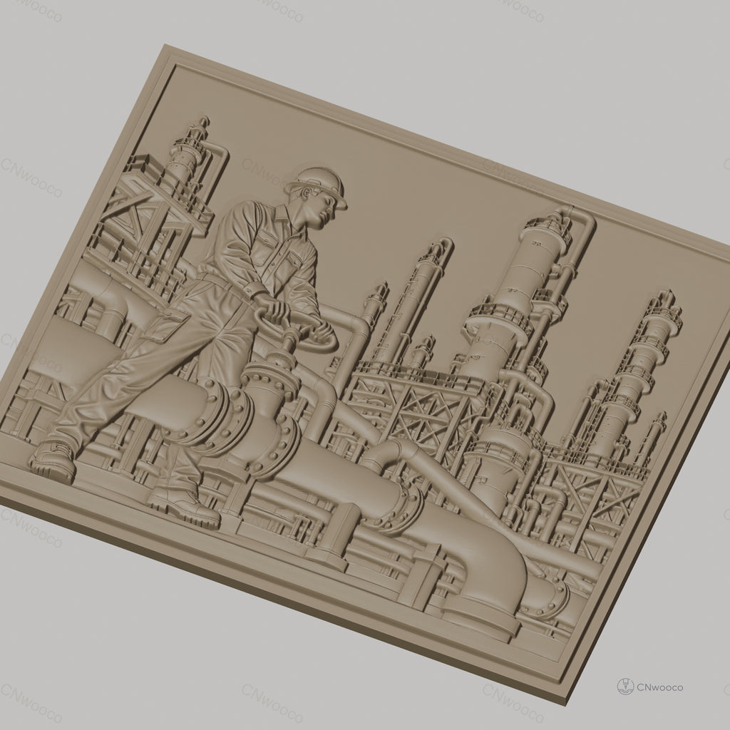 Fichier CNC & impression 3D industrie pétrochimique, ouvrier avec valve et tuyauterie complexe, haute qualité relief STL