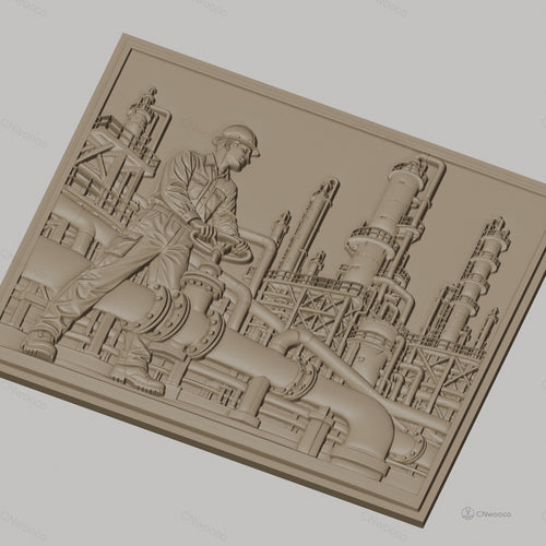 Fichier CNC & impression 3D industrie pétrochimique, ouvrier avec valve et tuyauterie complexe, haute qualité relief STL