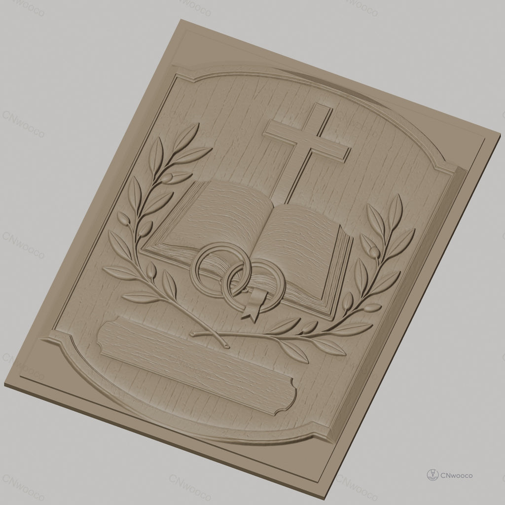Fichier CNC & impression 3D thème mariage, croix, livre ouvert, anneaux, branches d'olivier, haute qualité relief STL