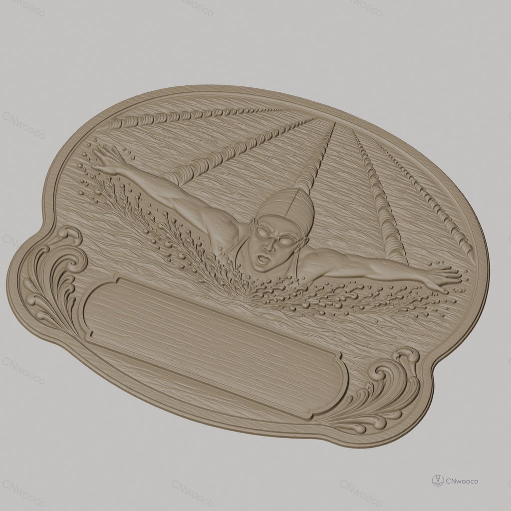 Fichier CNC & impression 3D plaque de récompense natation, nageur papillon éclaboussant, STL très haute qualité