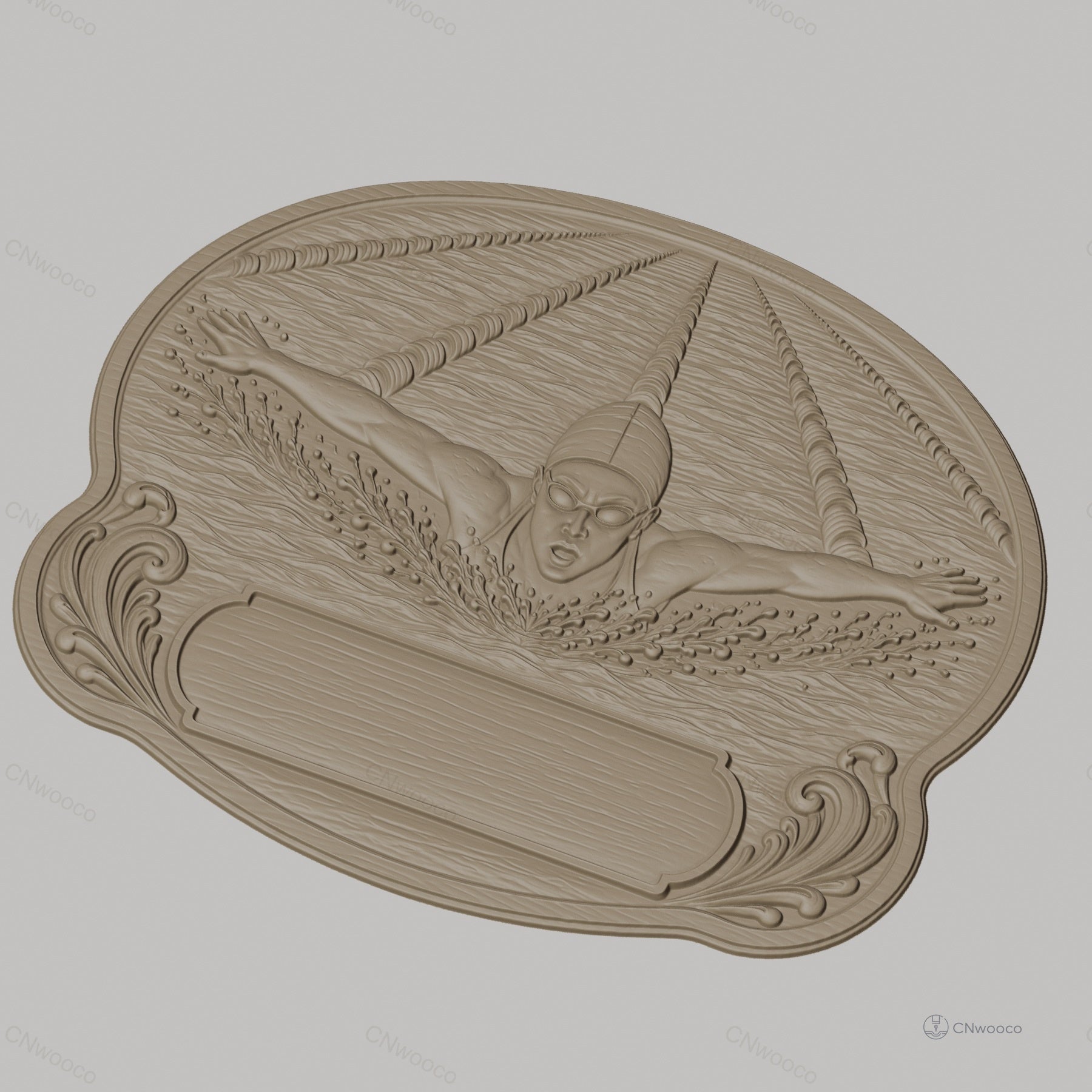 Fichier CNC & impression 3D plaque de récompense natation, nageur papillon éclaboussant, STL très haute qualité