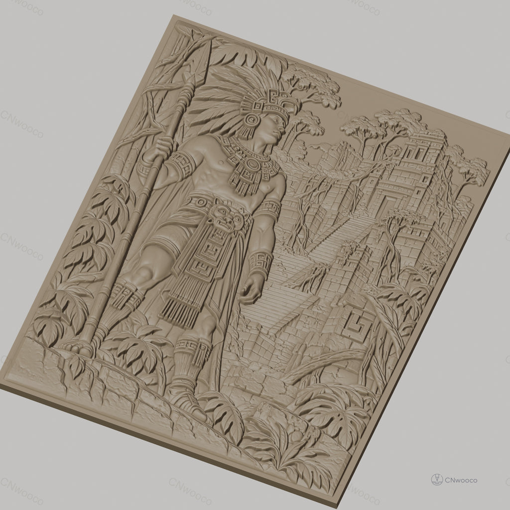 Fichier CNC & impression 3D guerrier amérindien, temple maya et végétation, haute qualité relief STL
