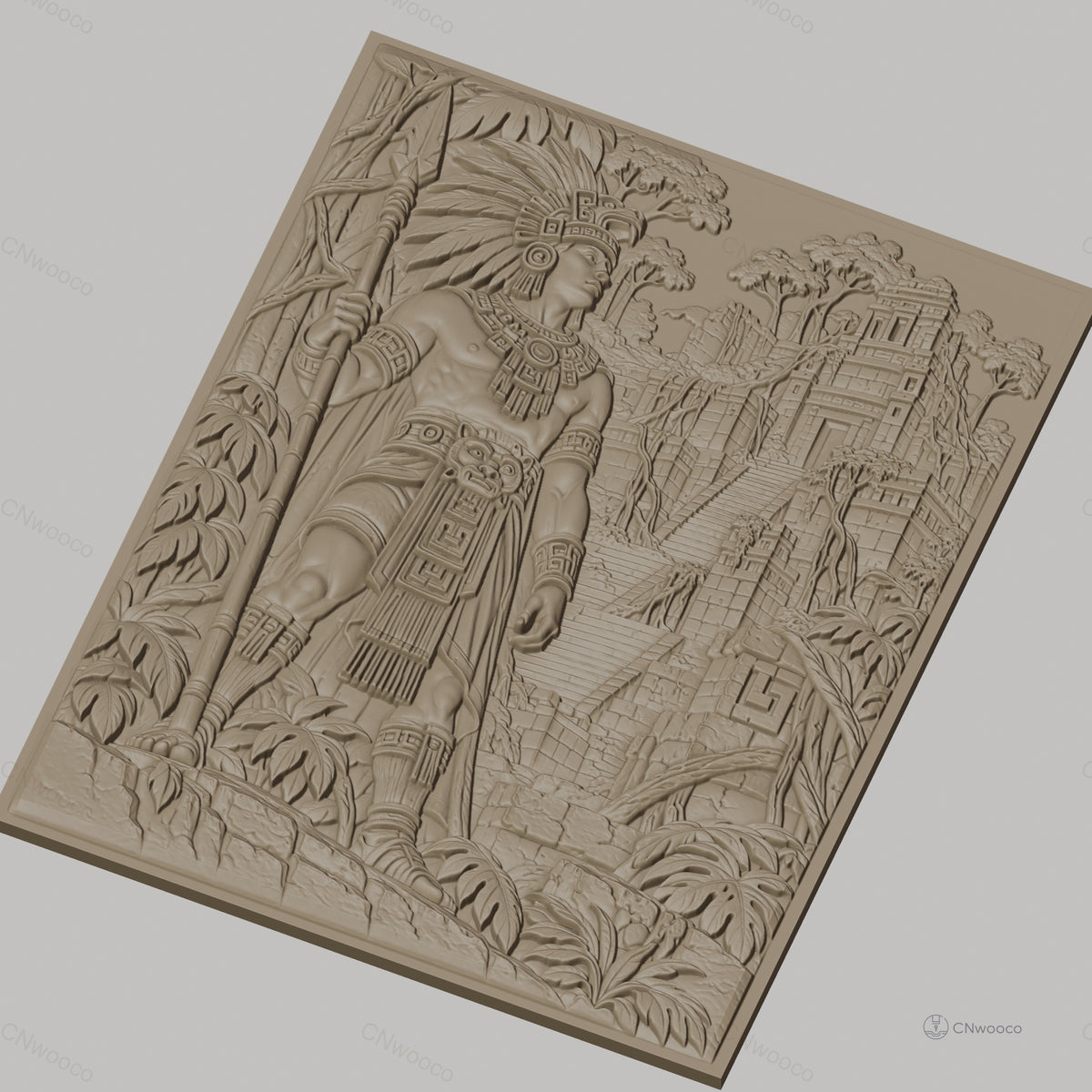 Fichier CNC & impression 3D guerrier amérindien, temple maya et végétation, haute qualité relief STL