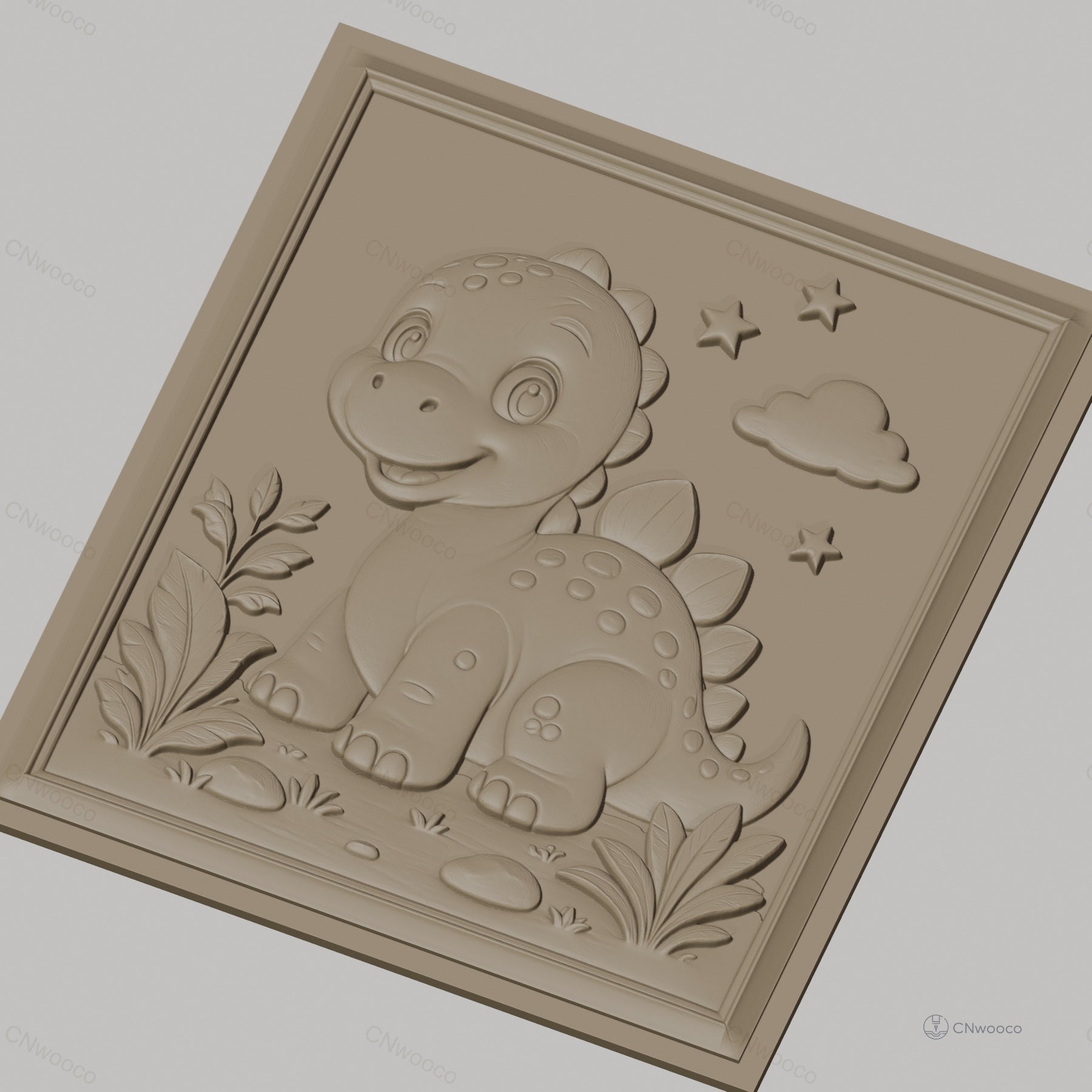 Fichier CNC & impression 3D dinosaure mignon, étoiles, nuage et plantes, haute qualité relief STL