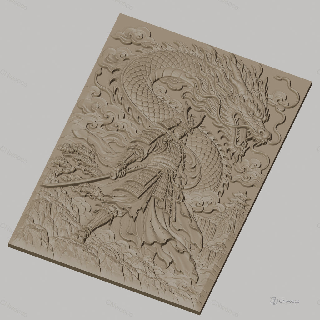 Fichier CNC & impression 3D samouraï et dragon japonais, guerrier en armure avec épée et paysage montagneux, haute qualité relief STL