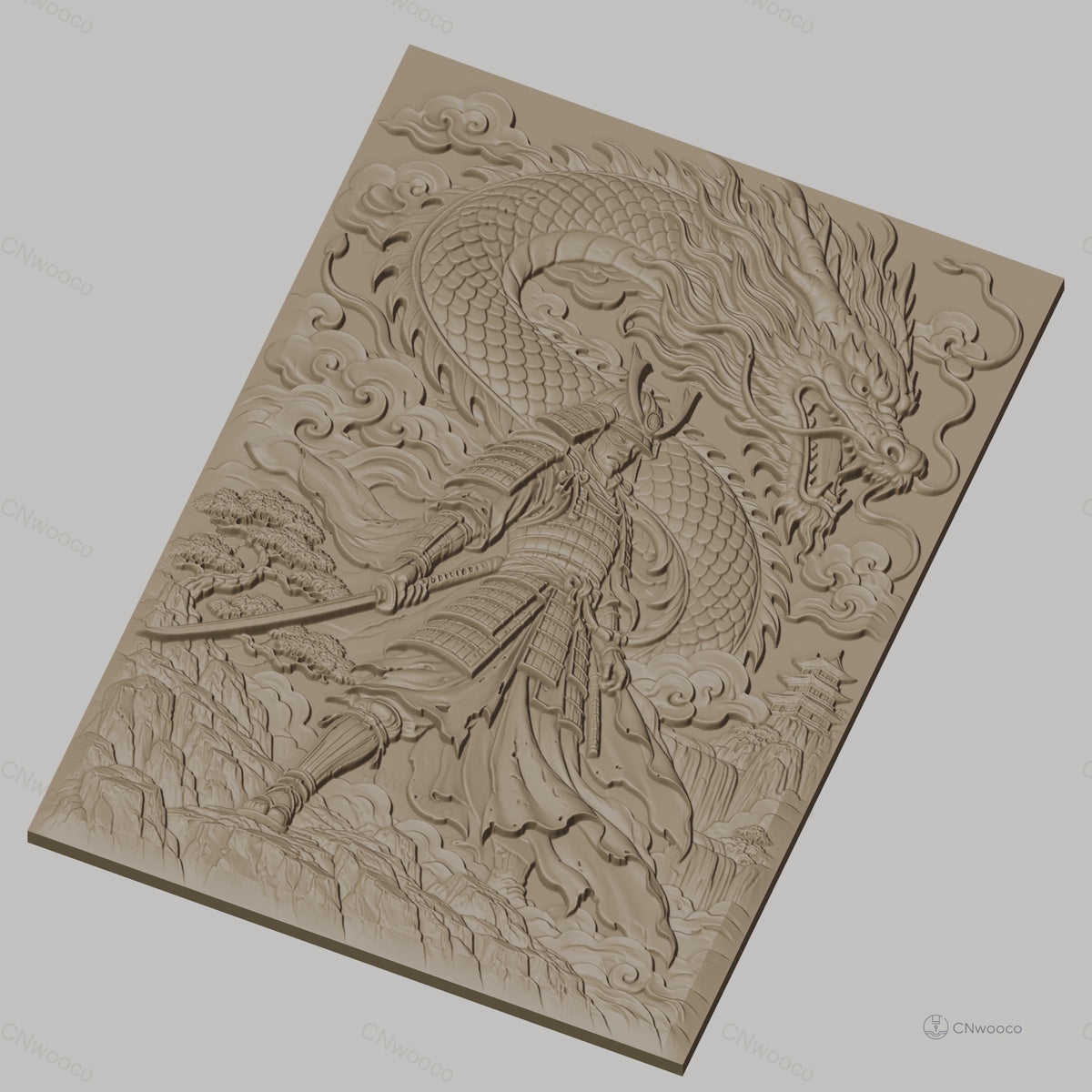Fichier CNC & impression 3D samouraï et dragon japonais, guerrier en armure avec épée et paysage montagneux, haute qualité relief STL
