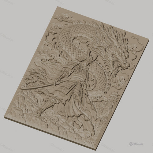 Fichier CNC & impression 3D samouraï et dragon japonais, guerrier en armure avec épée et paysage montagneux, haute qualité relief STL