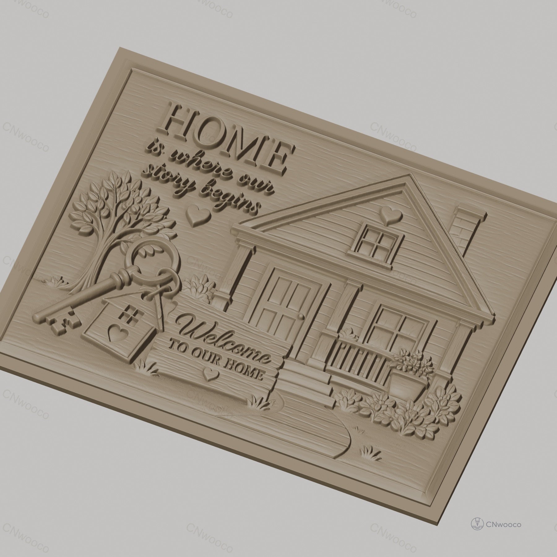 Fichier CNC & impression 3D maison, maison avec clé, arbre, panneau Welcome, haute qualité relief STL