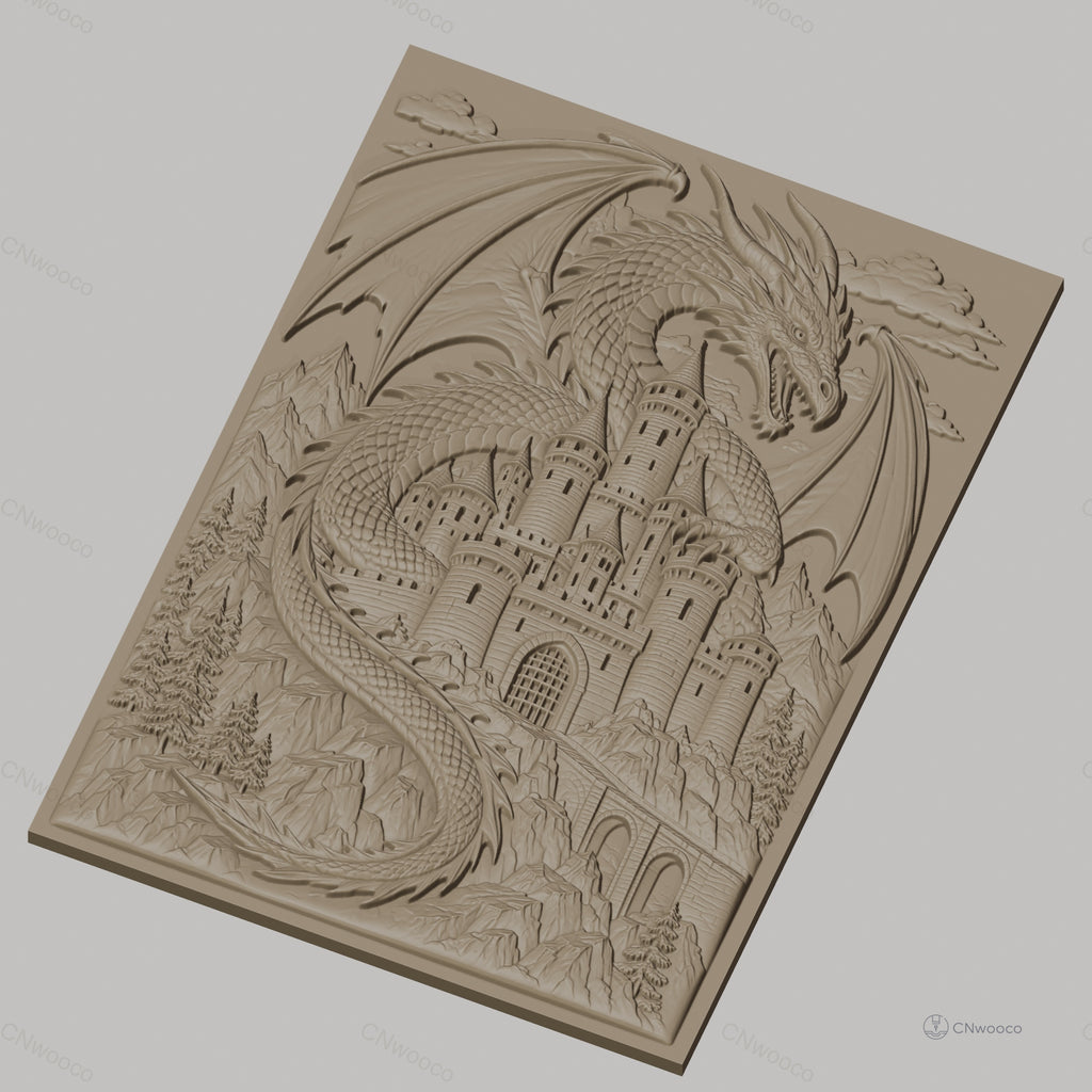 Fichier CNC & impression 3D dragon mythique, château médiéval et montagnes, haute qualité relief STL
