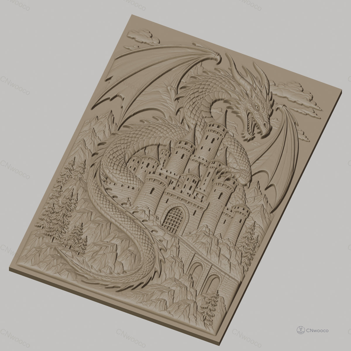 Fichier CNC & impression 3D dragon mythique, château médiéval et montagnes, haute qualité relief STL