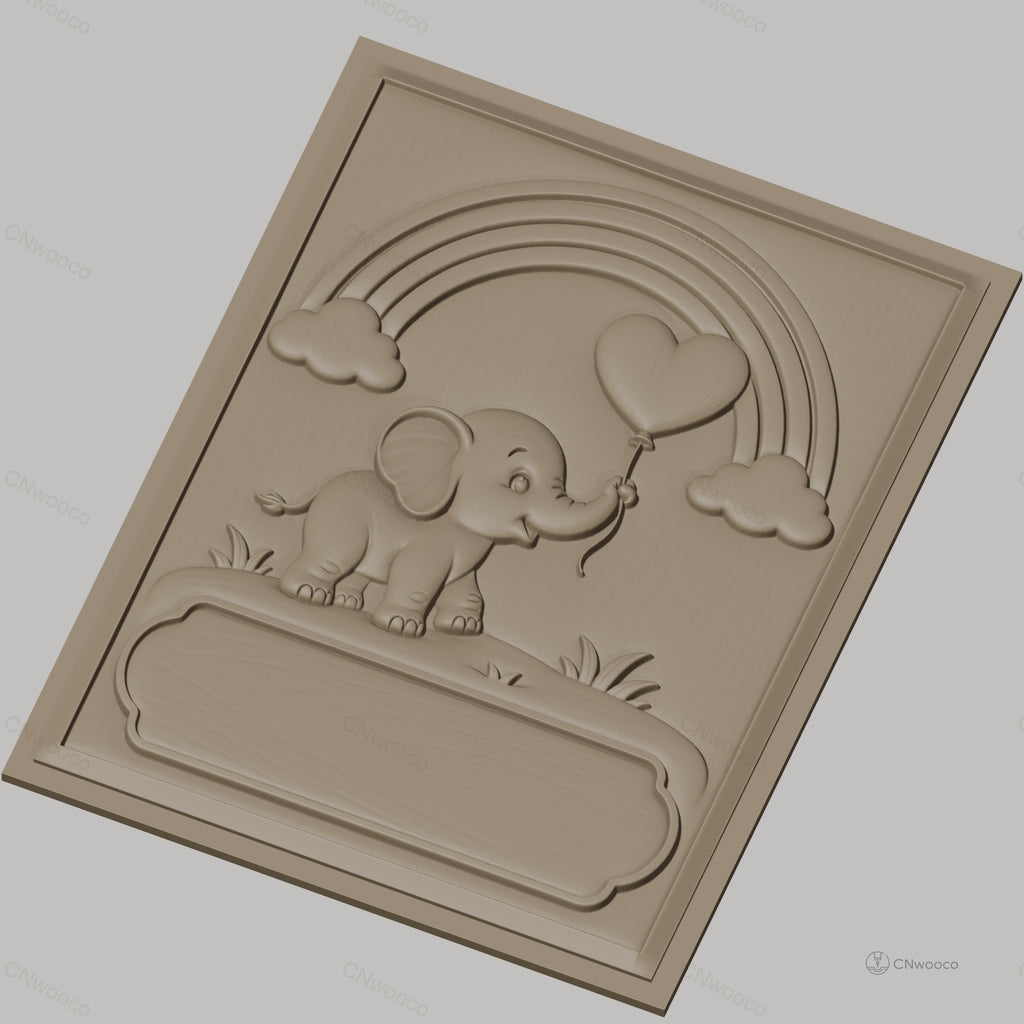 Fichier CNC & impression 3D éléphant bébé, ballon cœur, arc-en-ciel, nuages, relief pour chambre d'enfant, haute qualité relief STL