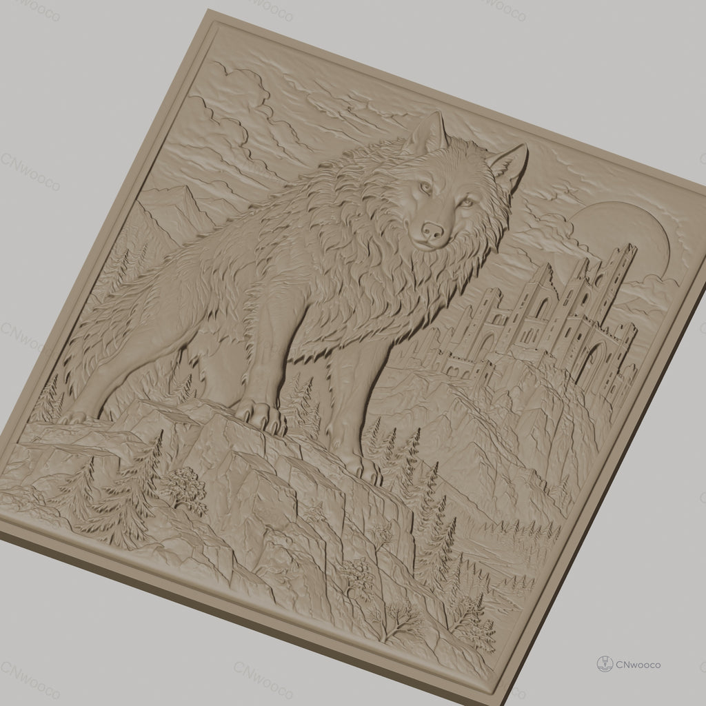 Fichier CNC & impression 3D loup debout sur rocher avec château médiéval, haute qualité relief STL