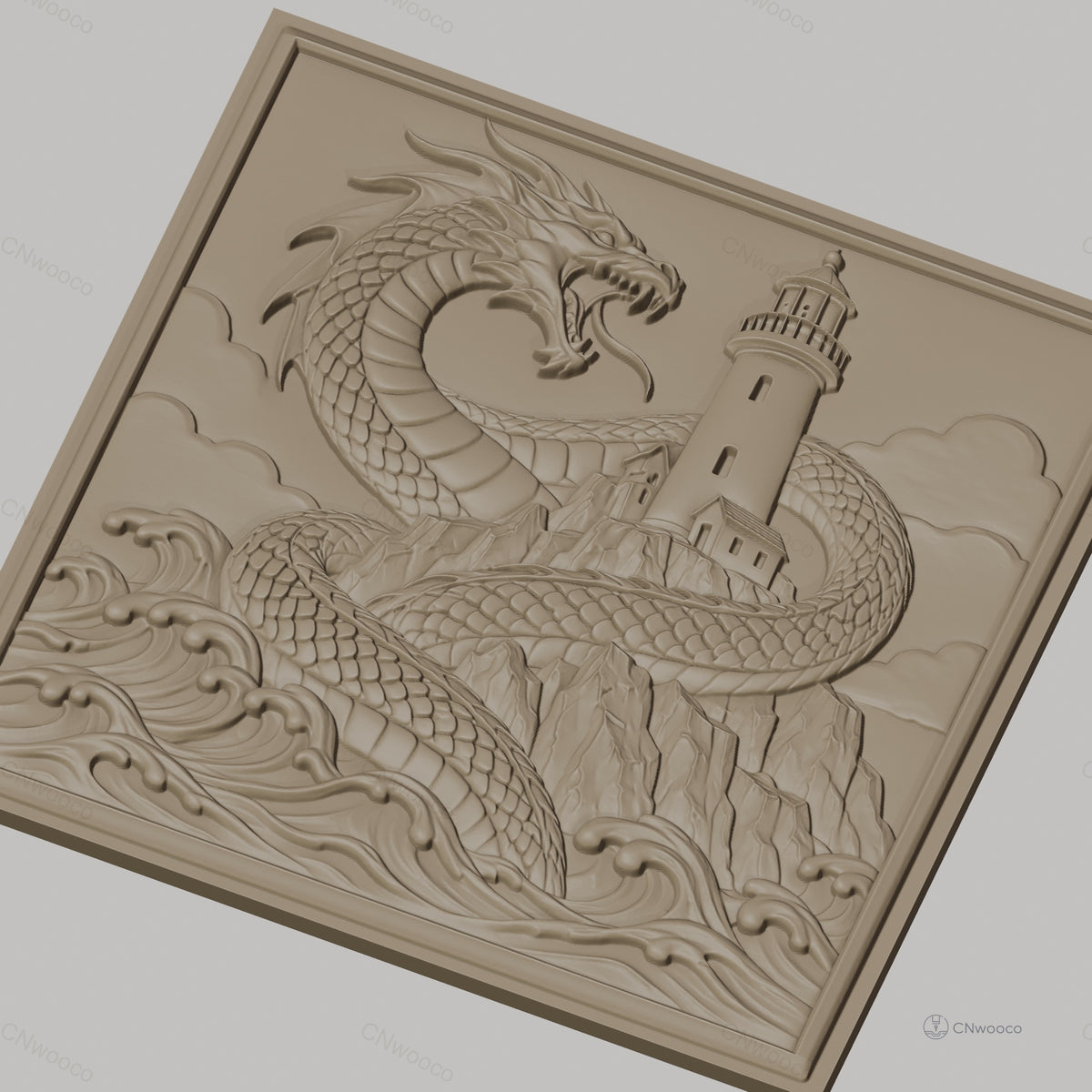 Fichier CNC & impression 3D dragon marin, phare et vagues sculptés, haute qualité relief STL