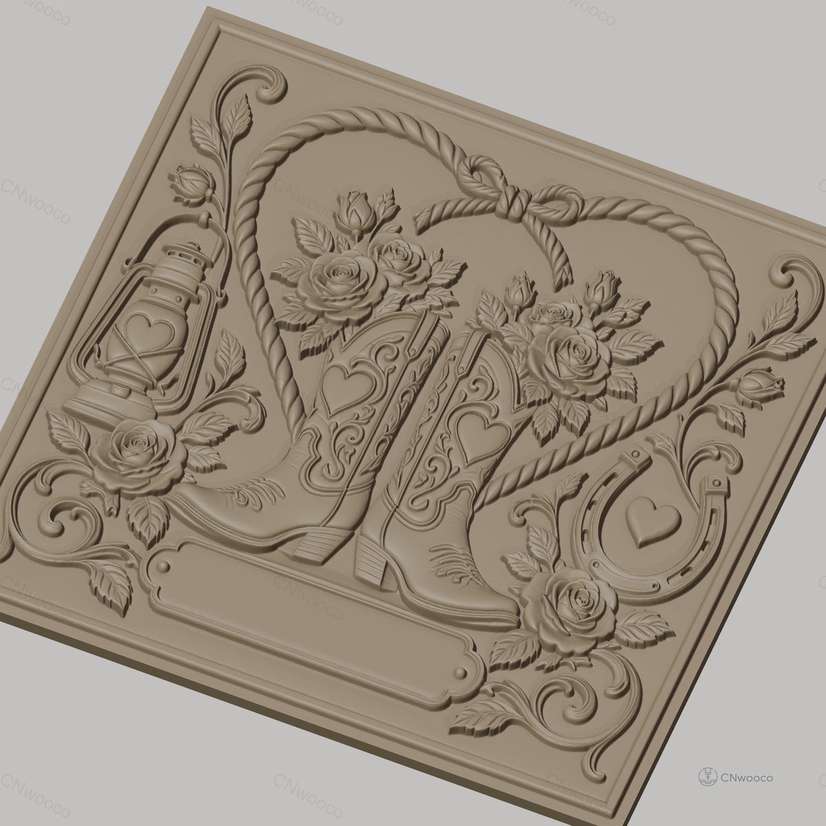 Fichier CNC & impression 3D thème western, bottes de cow-boy, roses, lanterne et fer à cheval, haute qualité relief STL