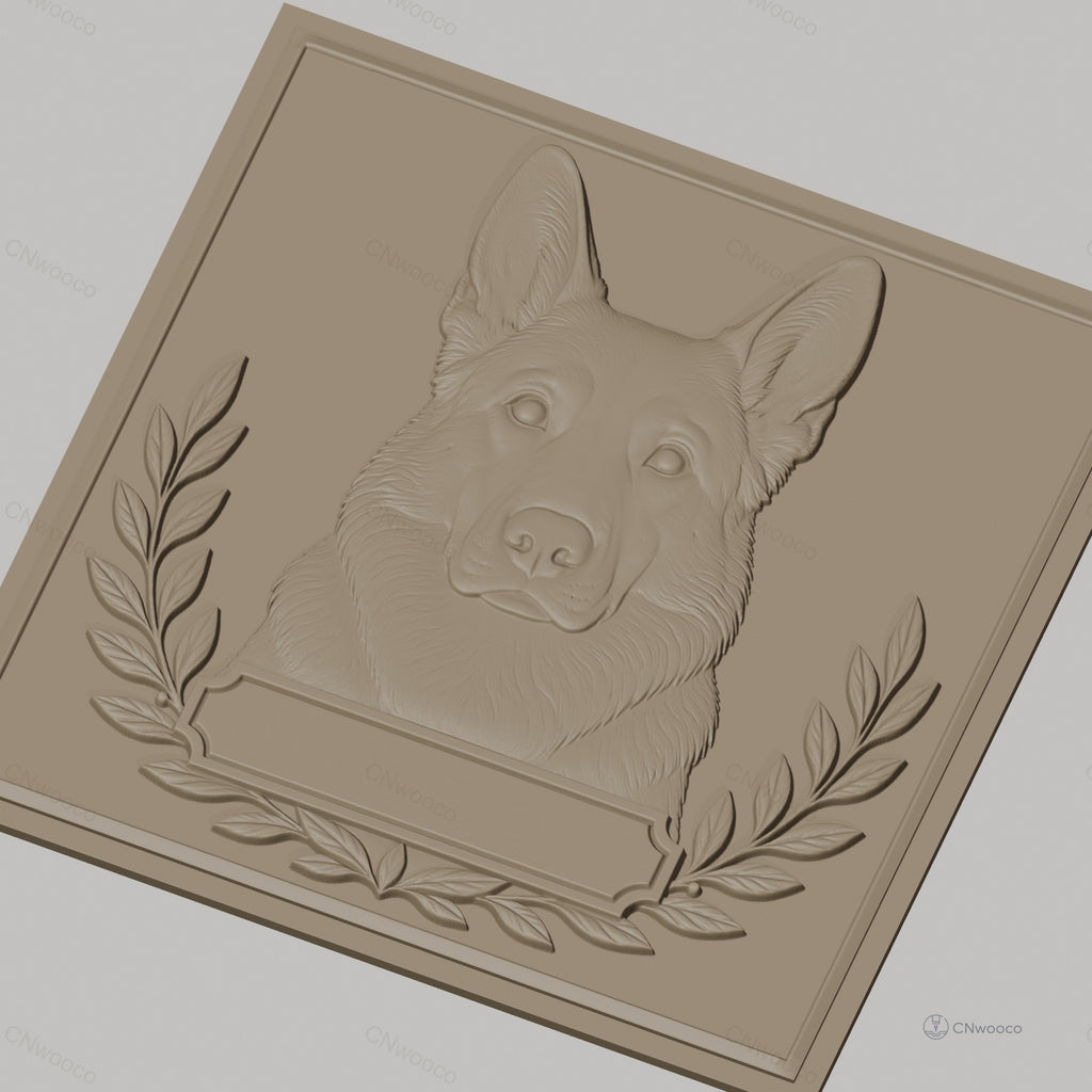 Fichier CNC & impression 3D chien berger allemand, tête de chien avec couronne de laurier, haute qualité relief STL