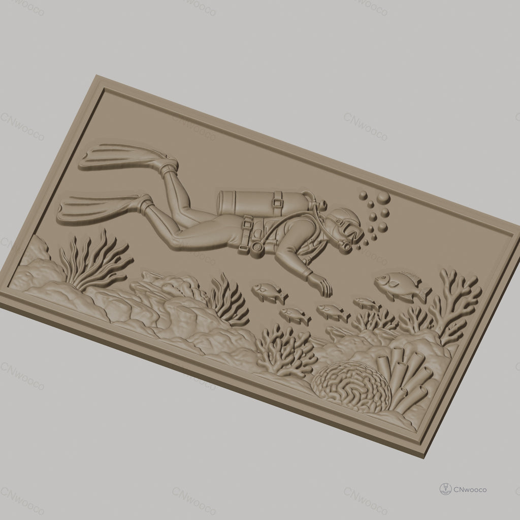 Fichier CNC & impression 3D plongeur sous-marin, poissons et coraux, haute qualité relief STL
