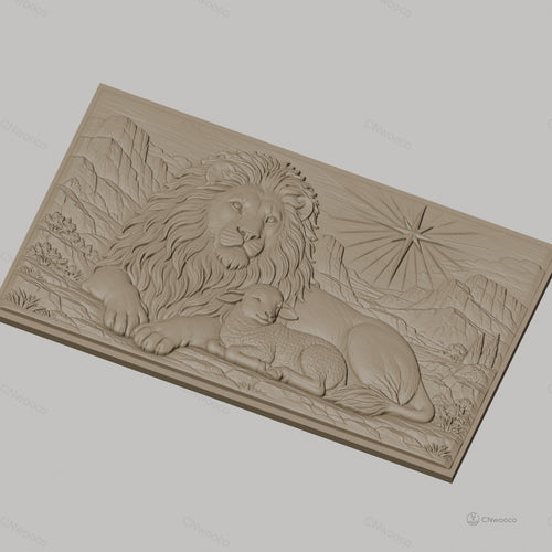 Fichier CNC & impression 3D Lion et agneau, paysage montagneux avec étoile, haute qualité relief STL