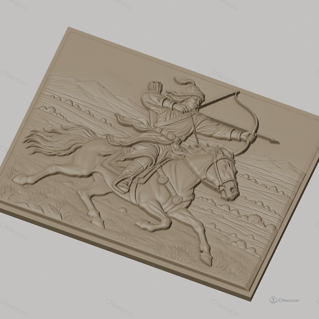 Fichier CNC & impression 3D cavalier archer à cheval tir à l'arc, paysage montagne relief, haute qualité relief STL
