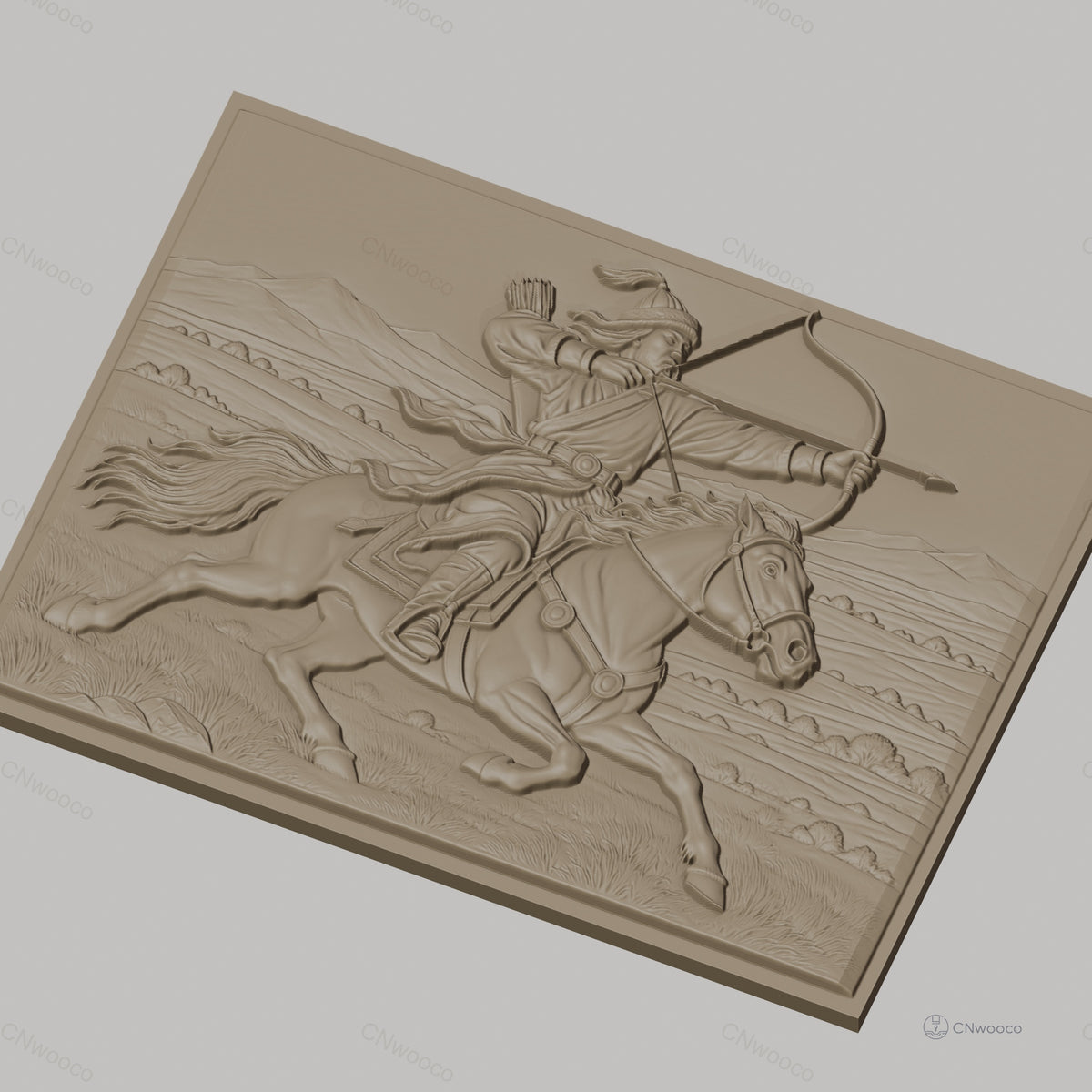 Fichier CNC & impression 3D cavalier archer à cheval tir à l'arc, paysage montagne relief, haute qualité relief STL