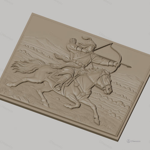 Fichier CNC & impression 3D cavalier archer à cheval tir à l'arc, paysage montagne relief, haute qualité relief STL
