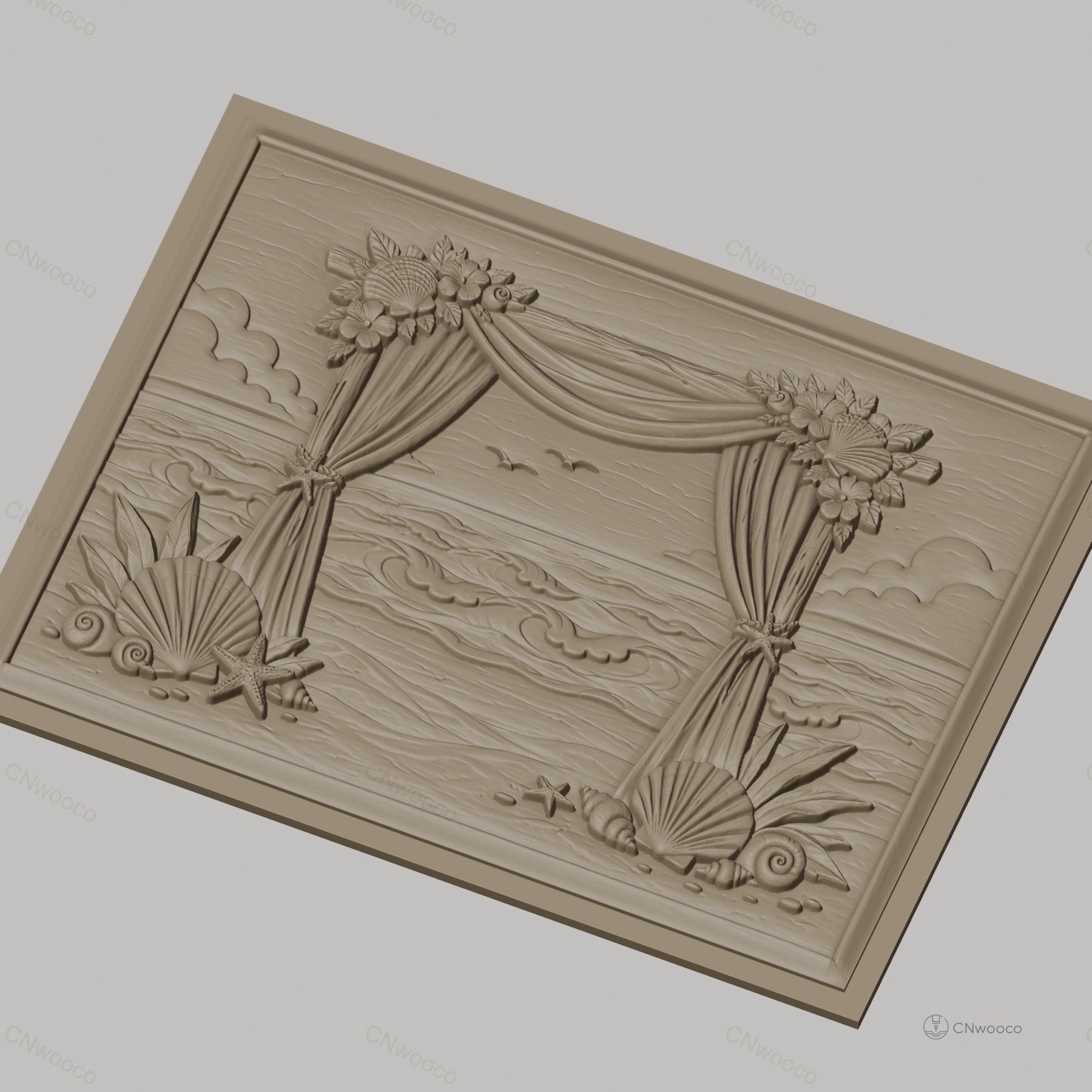 Fichier CNC & impression 3D scène plage, rideaux, coquillages, vague haute qualité relief STL