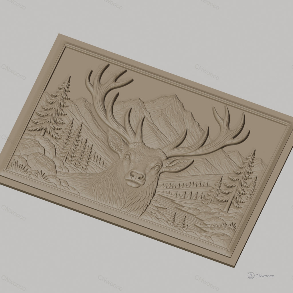 Fichier CNC & impression 3D cerf avec montagnes et arbres, haute qualité relief STL