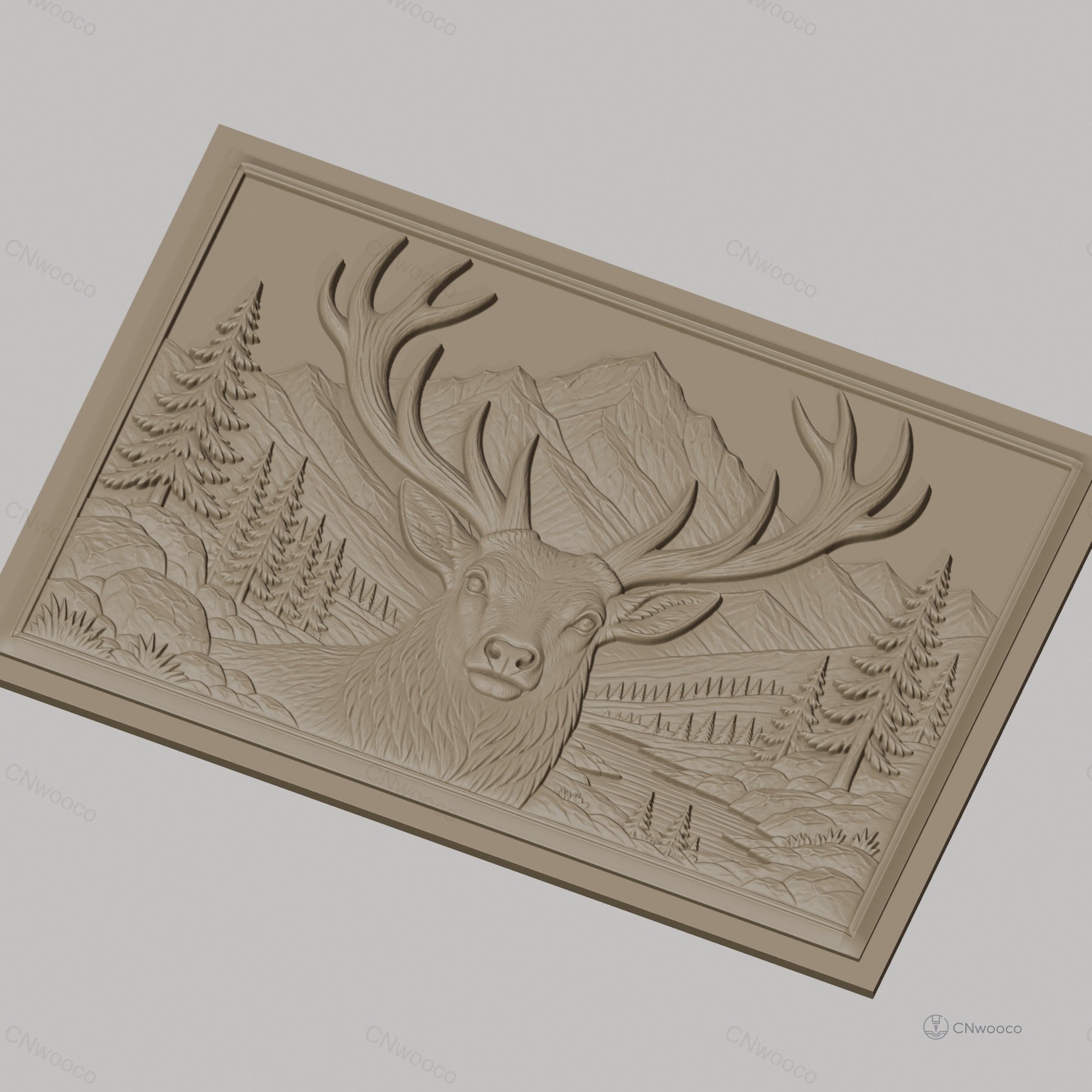 Fichier CNC & impression 3D cerf avec montagnes et arbres, haute qualité relief STL